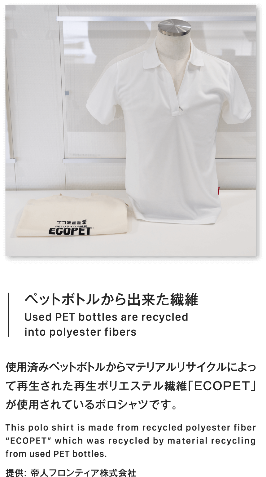 ペットボトルから出来た繊維Used PET bottles are recycled into polyester fibers使用済みペットボトルからマテリアルリサイクルによって再生された再生ポリエステル繊維「ECOPET」が使用されているポロシャツです。This polo shirt is made from recycled polyester fiber “ECOPET” which was recycled by material recycling from used PET bottles.提供: 帝人フロンティア株式会社