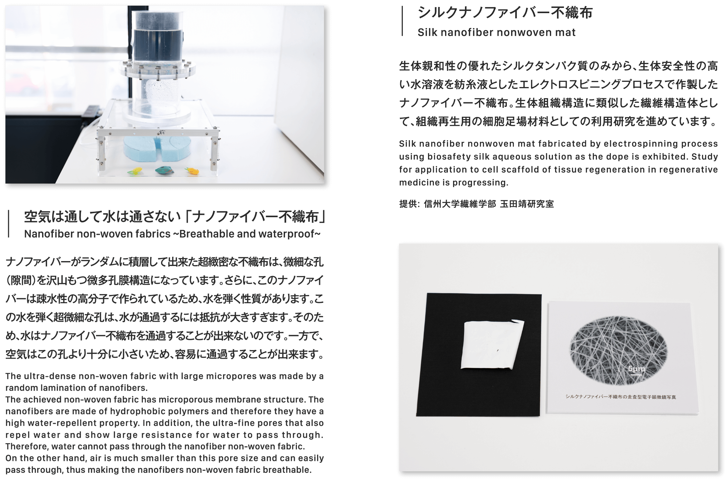 空気は通して水は通さない 「ナノファイバー不織布」◯◯◯◯◯◯◯◯◯◯◯◯◯◯◯◯ナノファイバーがランダムに積層して出来た超緻密な不織布は、微細な孔（隙間）を沢山もつ微多孔膜構造になっています。さらに、このナノファイバーは疎水性の高分子で作られているため、水を弾く性質があります。この水を弾く超微細な孔は、水が通過するには抵抗が大きすぎます。そのため、水はナノファイバー不織布を通過することが出来ないのです。一方で、空気はこの孔より十分に小さいため、容易に通過することが出来ます。◯◯◯◯◯◯◯◯◯◯◯◯◯◯◯◯◯◯◯◯◯◯◯◯◯◯◯◯◯◯◯◯◯◯◯◯◯◯◯◯◯◯◯◯◯◯◯◯◯◯◯◯◯◯◯◯◯◯◯◯◯◯◯◯◯◯◯◯◯◯◯◯◯◯◯◯◯◯◯◯◯◯◯◯◯◯◯◯◯◯◯◯◯◯◯◯◯◯◯◯◯◯◯◯◯◯◯◯◯◯◯◯◯◯◯◯◯◯◯◯◯◯◯◯◯◯◯◯◯◯◯◯◯◯◯◯◯◯◯◯◯◯◯◯◯◯◯◯◯◯◯◯◯◯◯◯◯◯◯◯◯◯◯◯◯◯◯◯◯◯◯◯◯◯◯◯◯◯◯◯◯◯◯◯◯◯◯◯◯◯◯◯◯◯◯◯◯◯◯◯◯◯◯◯◯◯シルクナノファイバー不織布生体親和性の優れたシルクタンパク質のみから、生体安全性の高い水溶液を紡糸液としたエレクトロスピニングプロセスで作製したナノファイバー不織布。生体組織構造に類似した繊維構造体として、組織再生用の細胞足場材料としての利用研究を進めています。Silk nanofiber nonwoven mat fabricated by electrospinning process using biosafety silk aqueous solution as the dope is exhibited. Study for application to cell scaffold of tissue regeneration in regenerative medicine is progressing.提供: 信州大学繊維学部 玉田靖研究室