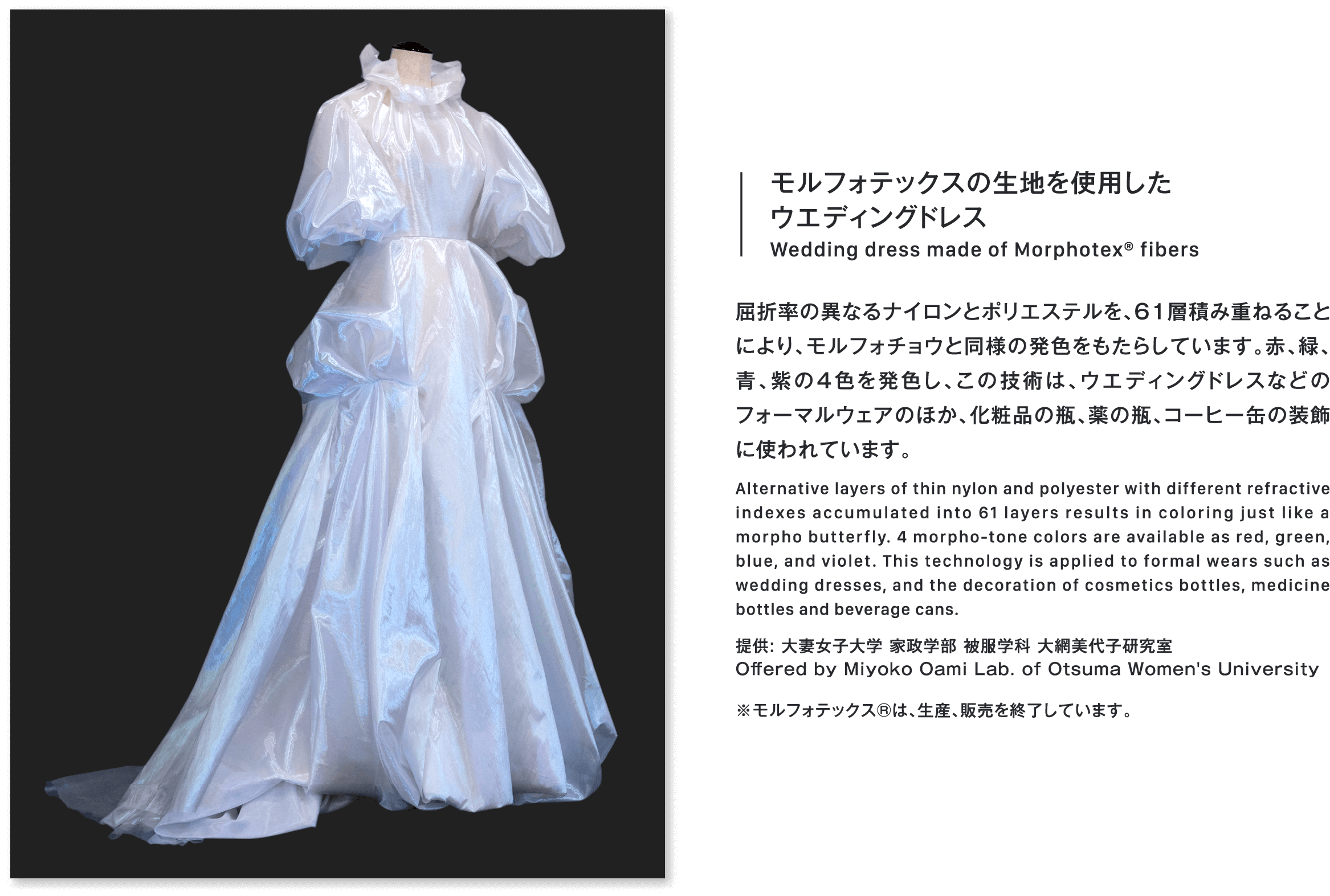 モルフォテックスの生地を使用したウエディングドレスWedding dress made of Morphotex® fibers屈折率の異なるナイロンとポリエステルを、61層積み重ねることにより、モルフォチョウと同様の発色をもたらしています。赤、緑、青、紫の4色を発色し、この技術は、ウエディングドレスなどのフォーマルウェアのほか、化粧品の瓶、薬の瓶、コーヒー缶の装飾に使われています。Alternative layers of thin nylon and polyester with different refractive indexes accumulated into 61 layers results in coloring just like a morpho butterfly. 4 morpho-tone colors are available as red, green, blue, and violet. This technology is applied to formal wears such as wedding dresses, and the decoration of cosmetics bottles, medicine bottles and beverage cans.提供: 大妻女子大学 家政学部 被服学科 大網美代子研究室Offered by Miyoko Oami Lab. of Otsuma Women's University※モルフォテックス®は、生産、販売を終了しています。