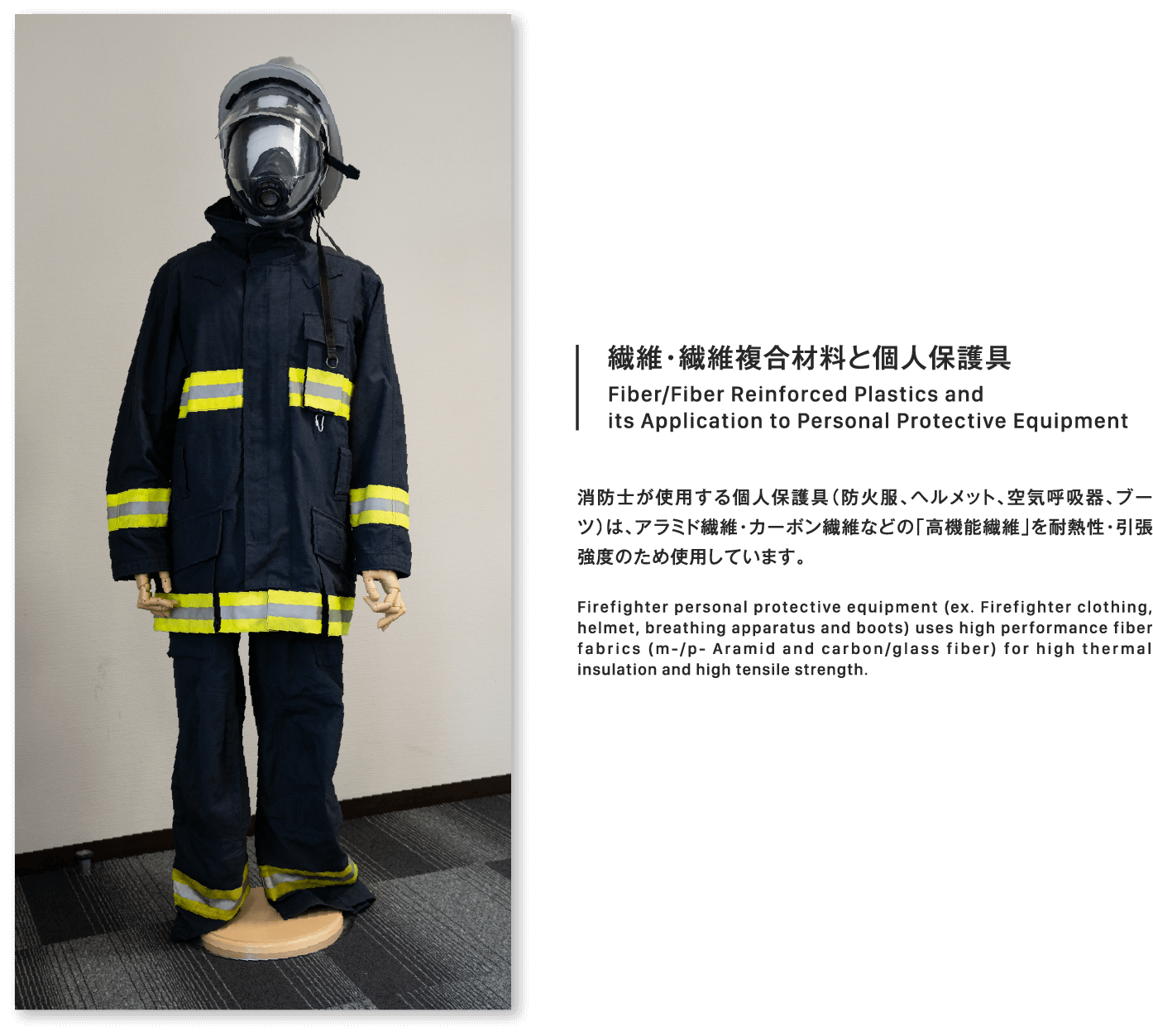 繊維・繊維複合材料と個人保護具Fiber/Fiber Reinforced Plastics and its Application to Personal Protective Equipment消防士が使用する個人保護具（防火服、ヘルメット、空気呼吸器、ブーツ）は、アラミド繊維・カーボン繊維などの「高機能繊維」を耐熱性・引張強度のため使用しています。Firefighter personal protective equipment (ex. Firefighter clothing, helmet, breathing apparatus and boots) uses high performance fiber fabrics (m-/p- Aramid and carbon/glass fiber) for high thermal insulation and high tensile strength. 